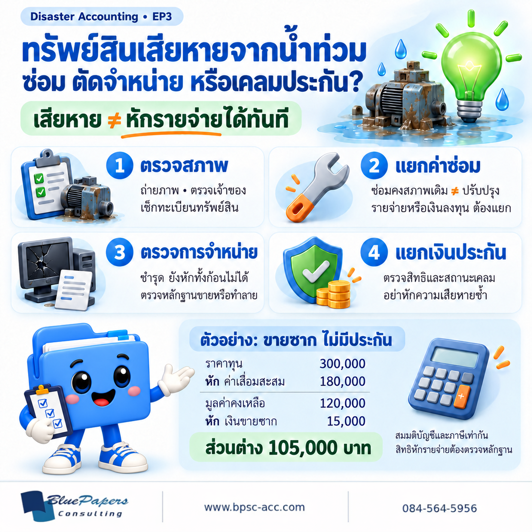 ทรัพย์สินเสียหายจากน้ำท่วมไม่เท่ากับหักรายจ่ายได้ทันที ให้ตรวจสภาพ แยกค่าซ่อม ตรวจการจำหน่าย และแยกเงินประกัน ตัวอย่างราคาทุน 300,000 หักค่าเสื่อม 180,000 และเงินขายซาก 15,000 เหลือส่วนต่าง 105,000 บาท โดยต้องตรวจหลักฐาน