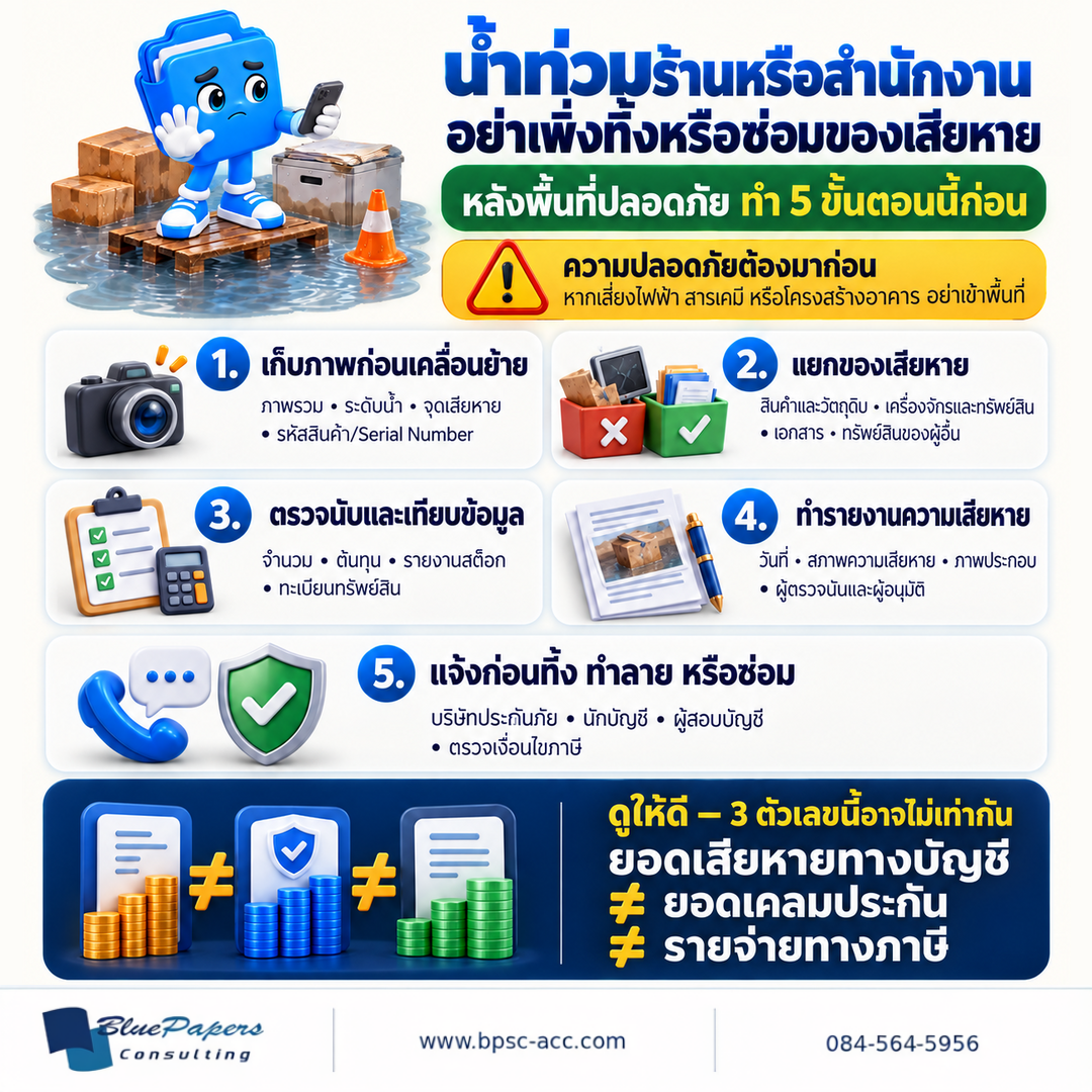 หลังน้ำท่วมร้านหรือสำนักงาน ให้คำนึงถึงความปลอดภัยก่อน แล้วถ่ายภาพ แยกของเสียหาย ตรวจนับ ทำรายงาน และแจ้งผู้เกี่ยวข้องก่อนทิ้งหรือซ่อม พร้อมเตือนว่ายอดเสียหายทางบัญชีไม่เท่ากับยอดเคลมประกันและรายจ่ายทางภาษี