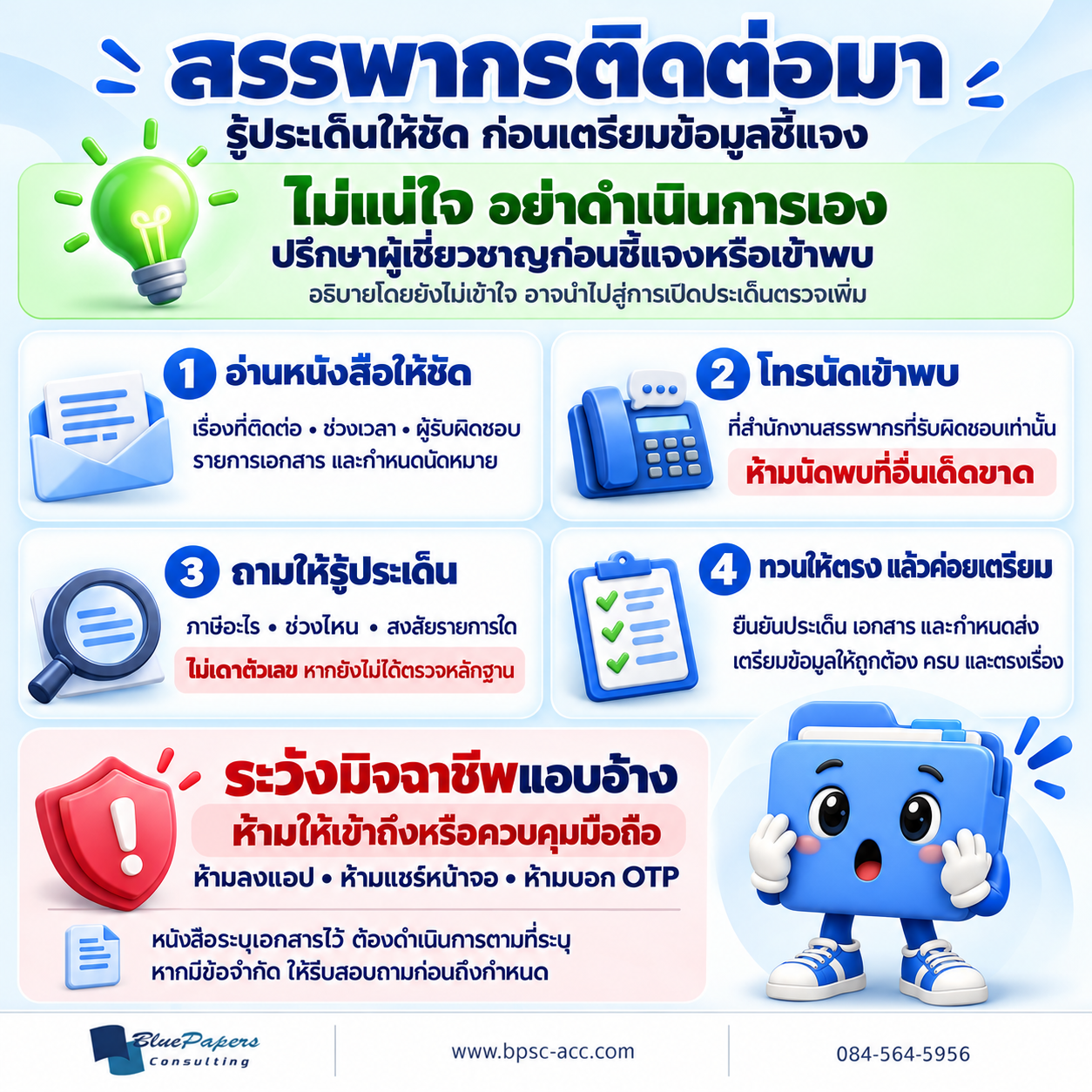 สรรพากรติดต่อมา หากไม่แน่ใจให้ปรึกษาผู้เชี่ยวชาญก่อน อ่านหนังสือ โทรนัดเข้าพบ ถามประเด็นตรวจ และทวนเอกสารกับกำหนดส่ง พร้อมระวังมิจฉาชีพ ห้ามให้ควบคุมมือถือ ลงแอป แชร์หน้าจอ หรือบอก OTP