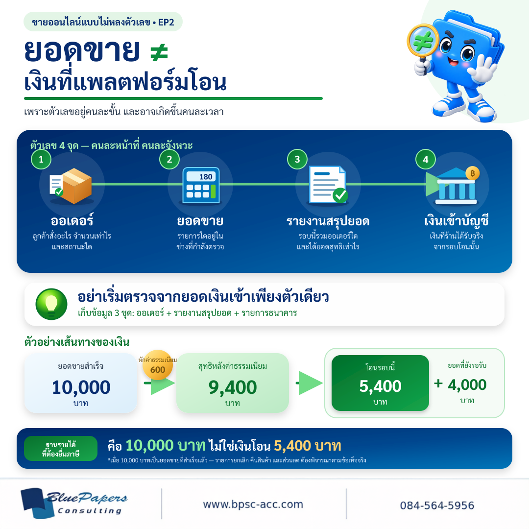 ยอดขายไม่เท่ากับเงินที่แพลตฟอร์มโอน แสดงเส้นทางจากออเดอร์ ยอดขาย รายงานสรุปยอด ไปถึงเงินเข้าบัญชี พร้อมตัวอย่างยอดขาย 10,000 บาท เงินโอน 5,400 บาท และยอดรอรับ 4,000 บาท