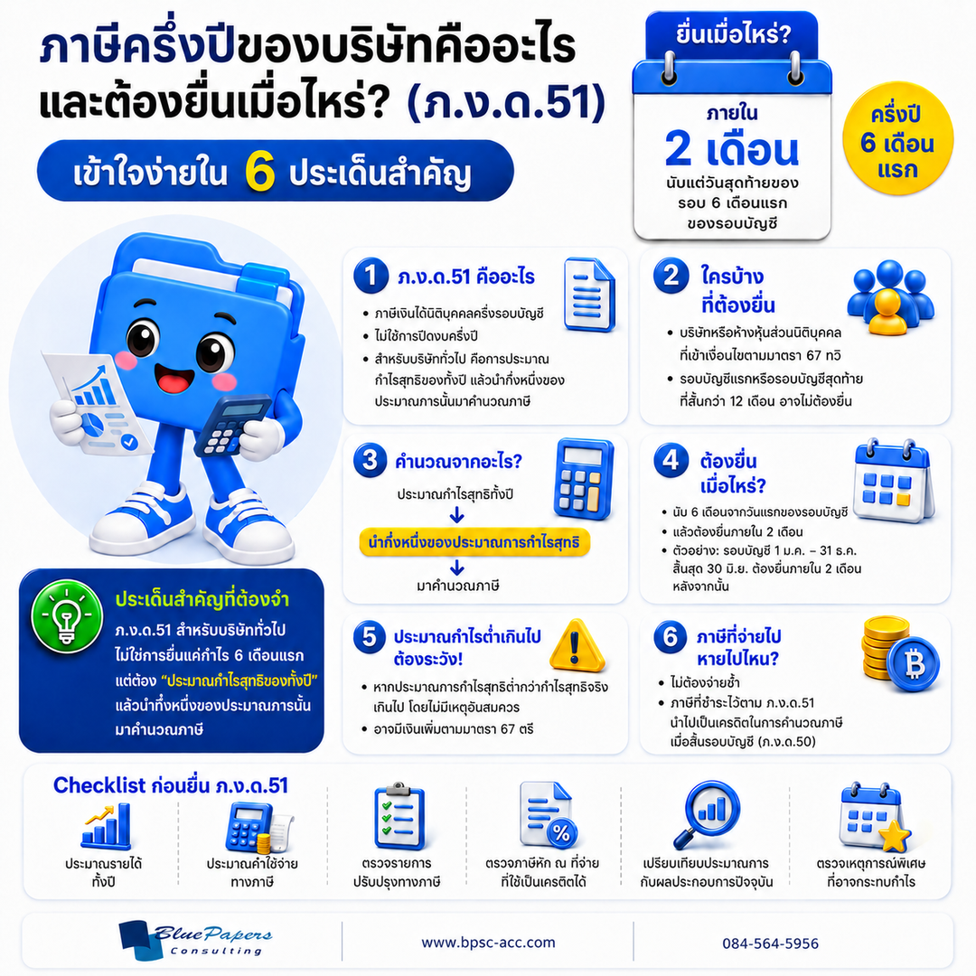 อินโฟกราฟิก ภ.ง.ด.51 อธิบาย 6 ประเด็นสำคัญ ได้แก่ ความหมาย ผู้มีหน้าที่ยื่น วิธีคำนวณ กำหนดยื่น ความเสี่ยงจากการประมาณกำไรต่ำเกินไป และการใช้ภาษีเป็นเครดิต พร้อม Checklist ก่อนยื่น